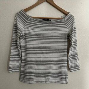 Theory Gray and White Striped 3/4 Sleeve Bateau Neck Top Size Small